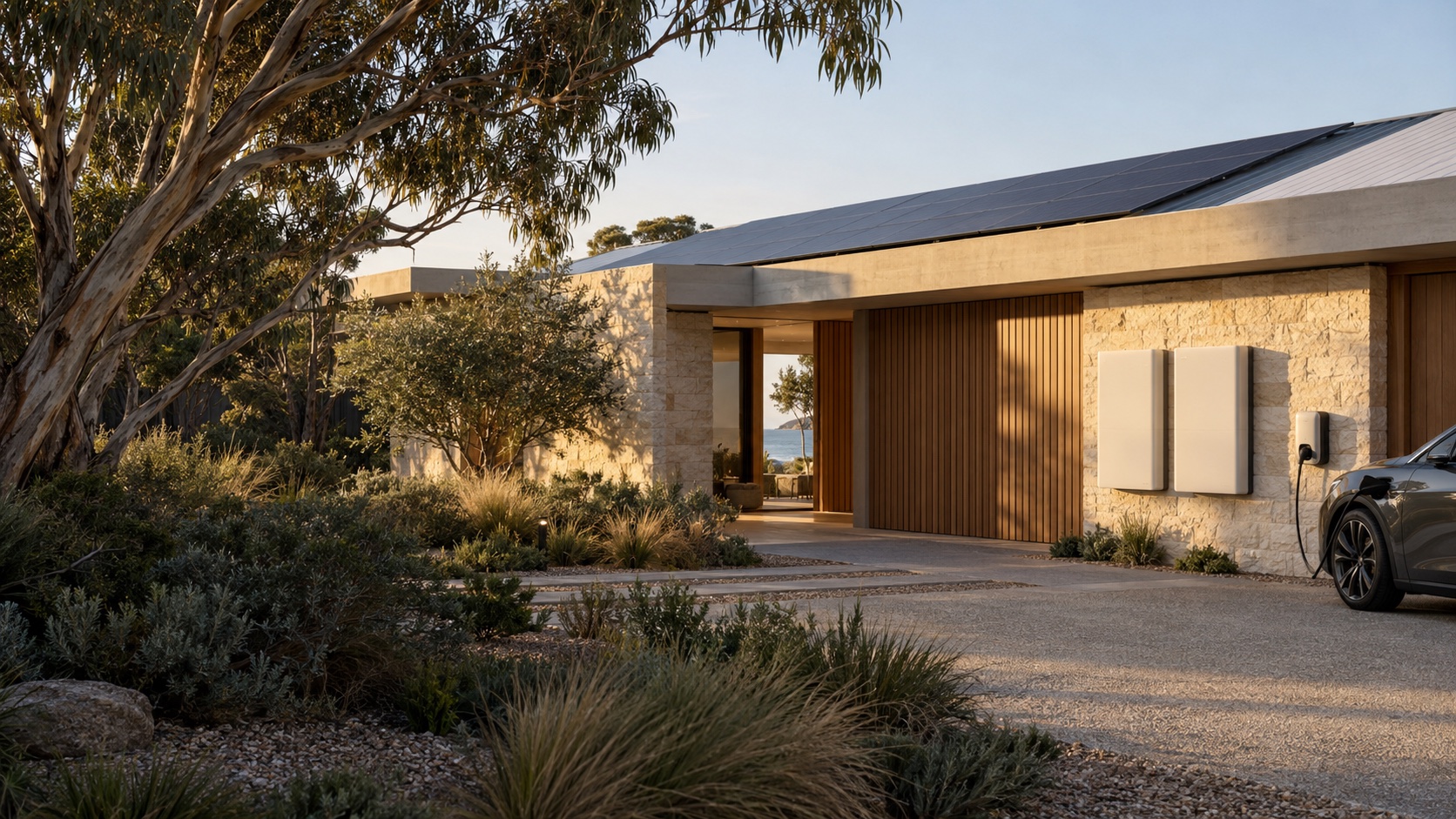 Illustrative contemporary home with rooftop solar, wall-mounted battery storage and an electric vehicle charger