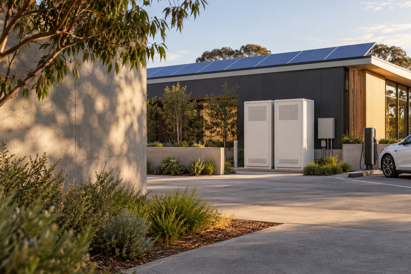 Illustrative commercial courtyard combining solar, battery storage and EV charging